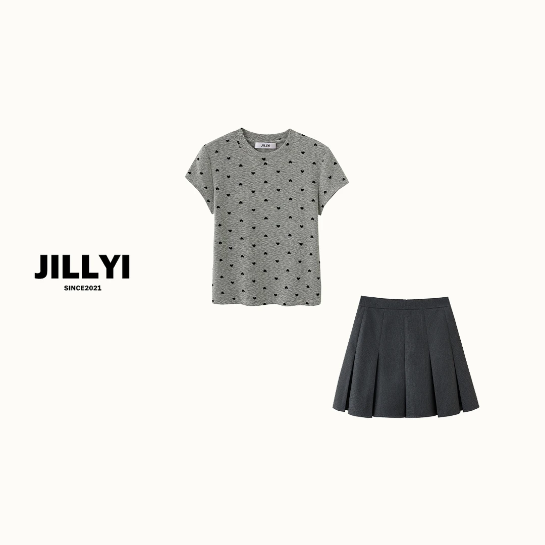 JILLYI【波点泡泡】+【简约百褶裙】灰色波点上衣+灰色百褶半身裙套装