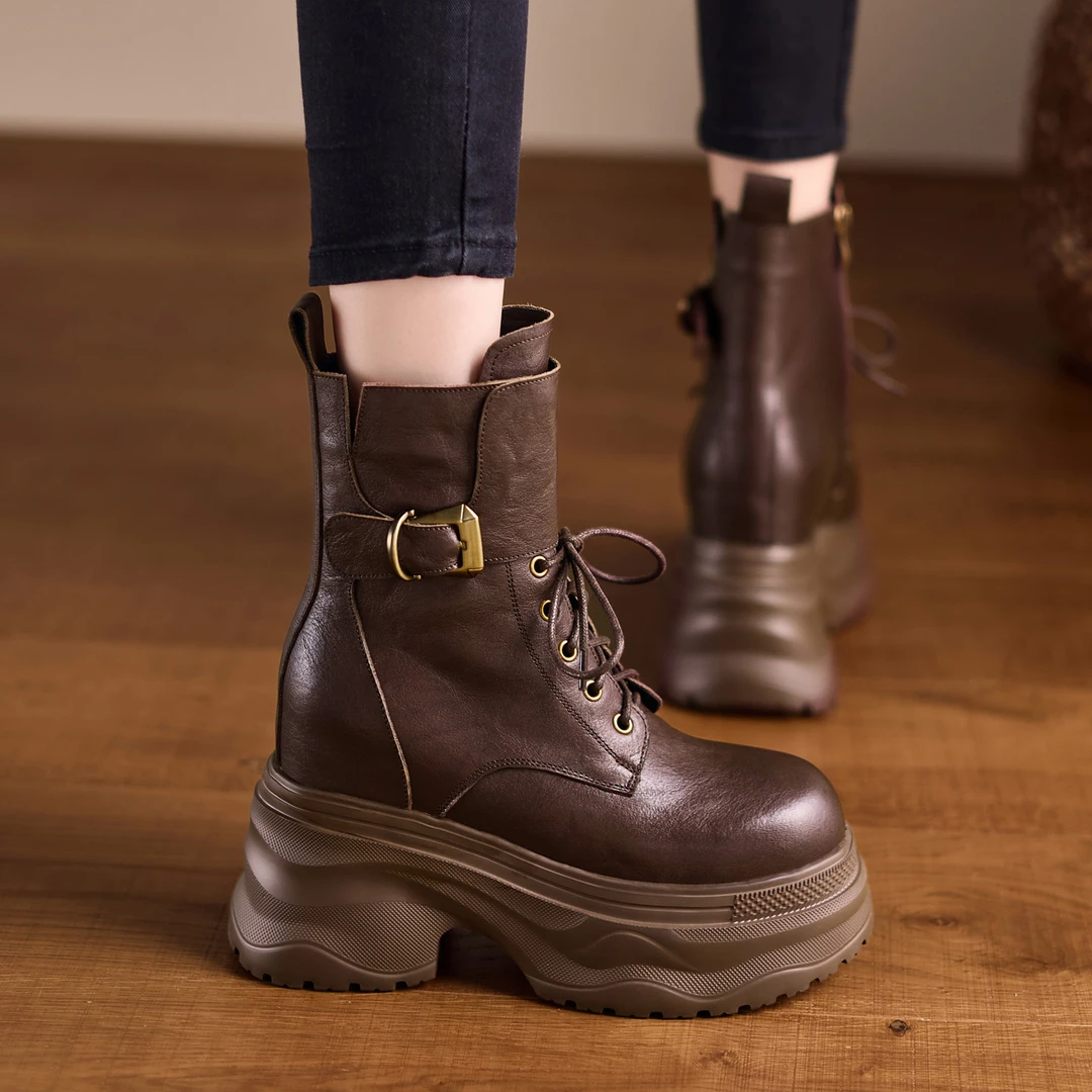 15cm小个子久穿不累脚厚底坡跟短靴休闲系带侧拉链马丁靴机车靴子