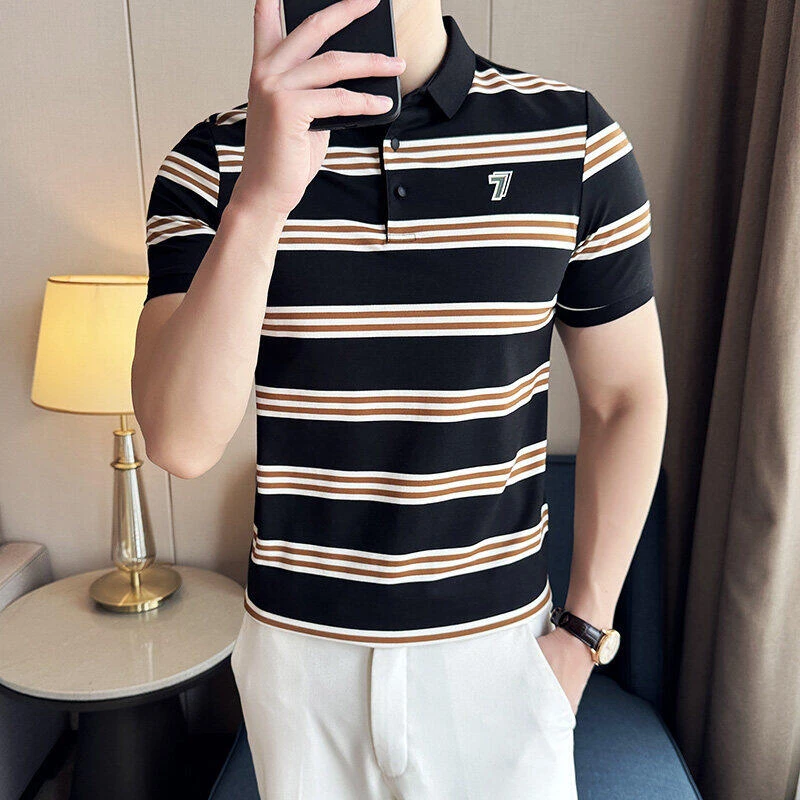高端冰丝POLO衫男士短袖夏季新款时尚条纹百搭潮流痞帅男休闲上衣