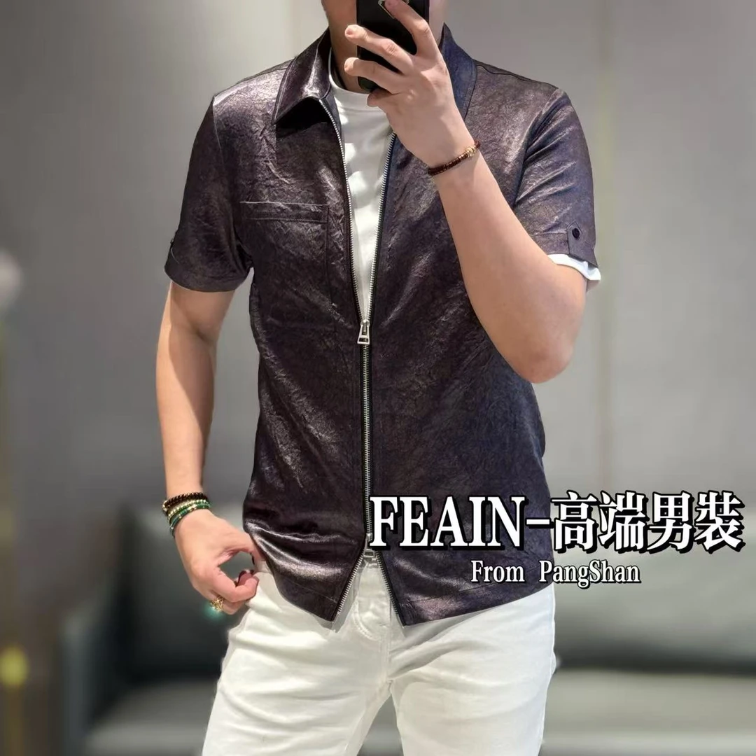 【100%真醋酸】重错金工艺双拉链设计胸口口袋短袖夹克T恤2405