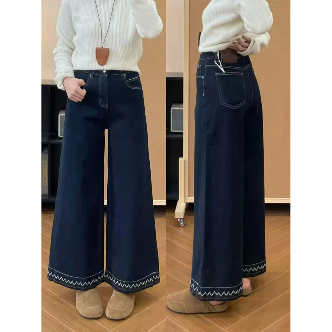 丹宁蓝刺绣直筒牛仔裤女2025年秋冬新款高腰遮肉显瘦垂感阔腿长裤