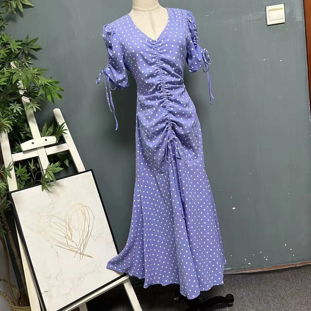 D4755外贸大牌夏2025年清新波点印花V领抽绳褶皱短袖A摆裙子