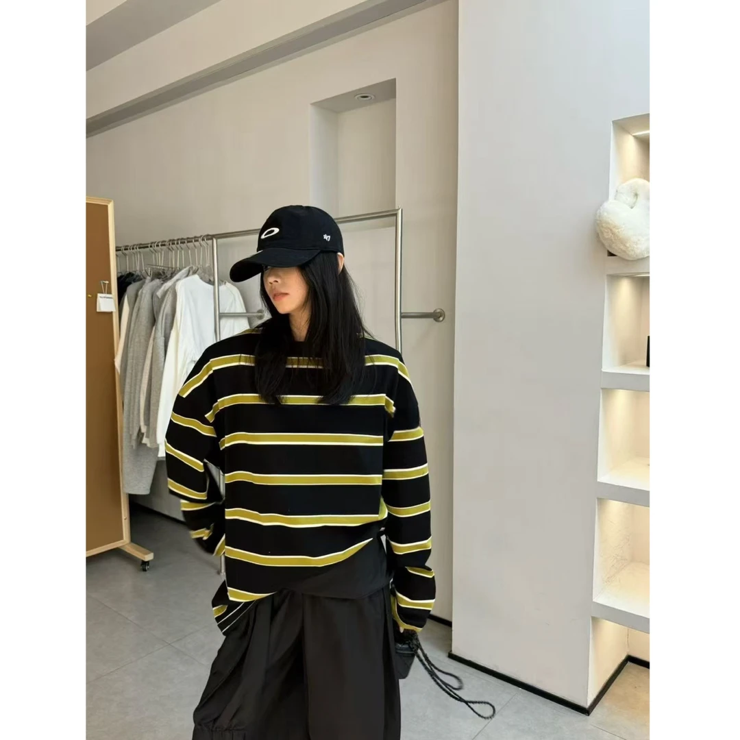 【春款条纹卫衣-现货】2025東room春季新款韩版条纹宽松垫肩卫衣女