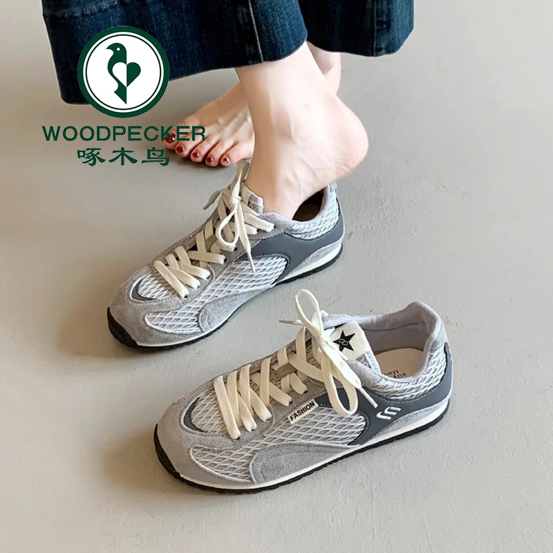 啄木鸟爆款小众复古渔网阿甘德训鞋女2025新款透气百搭休闲运动鞋
