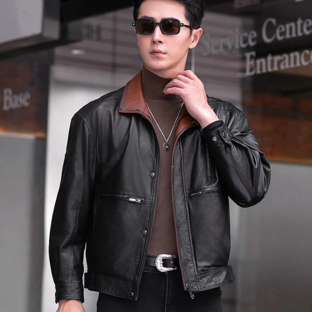 美拉德复古真皮皮衣宽松软皮美式机车服潮流帅气翻领男士皮夹克