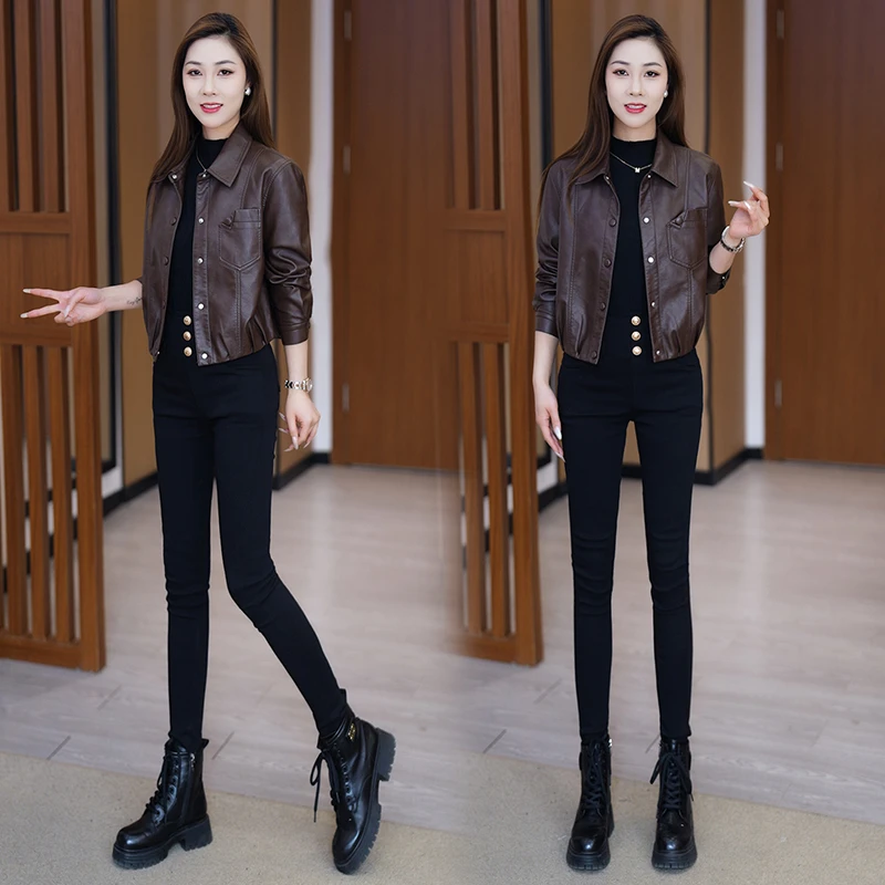 短款皮衣外套女2025春季新款小个子时尚洋气显瘦翻领PU皮夹克上衣