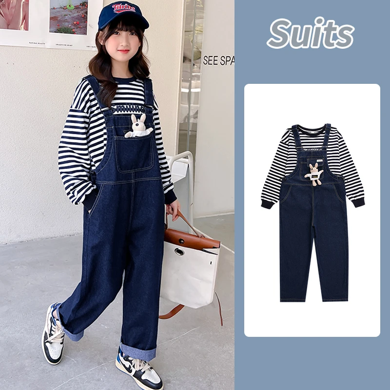 女童背带裤春秋牛仔裤休闲洋气韩版条纹套装中大童儿童女孩秋季