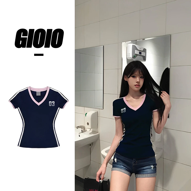 显瘦v领正肩球衣短袖t恤女夏季设计感短款美式热辣妹上衣