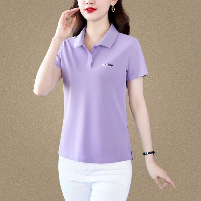 短袖t恤女2025新款运动翻领polo衫夏季冰丝上衣大码中年人妈妈装