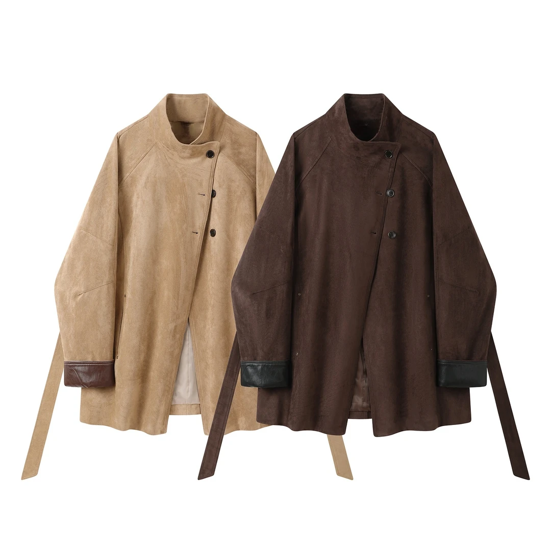 复古美拉德仿鹿皮绒皮衣风衣外套女2025春秋季新款百搭老钱风女装