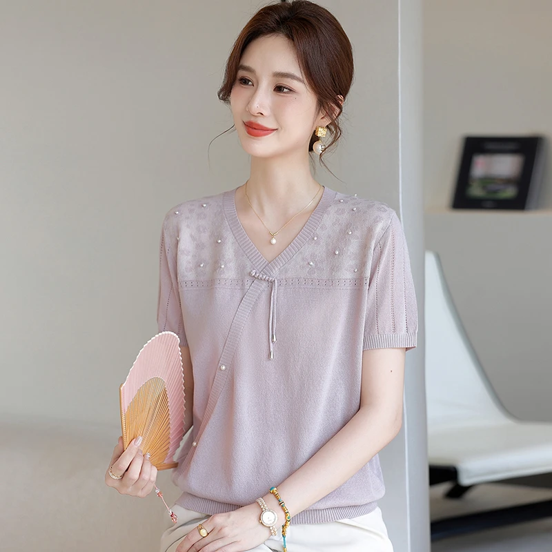 妈妈夏装国风短袖中年女冰丝T桖洋气显瘦中老年女装夏季小衫上衣