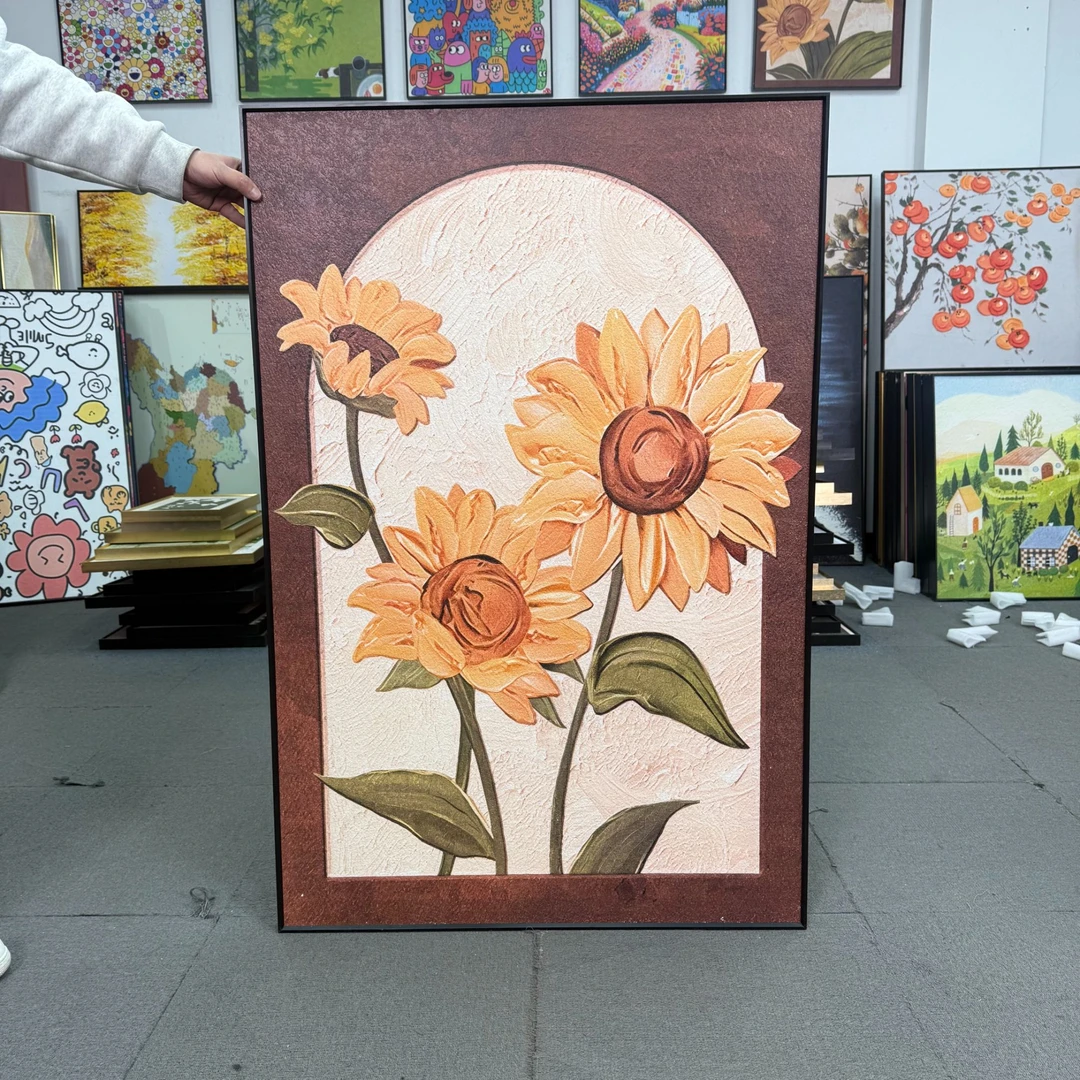 复古花卉向日葵砂岩装饰画复古文艺高级感玄关壁画80120
