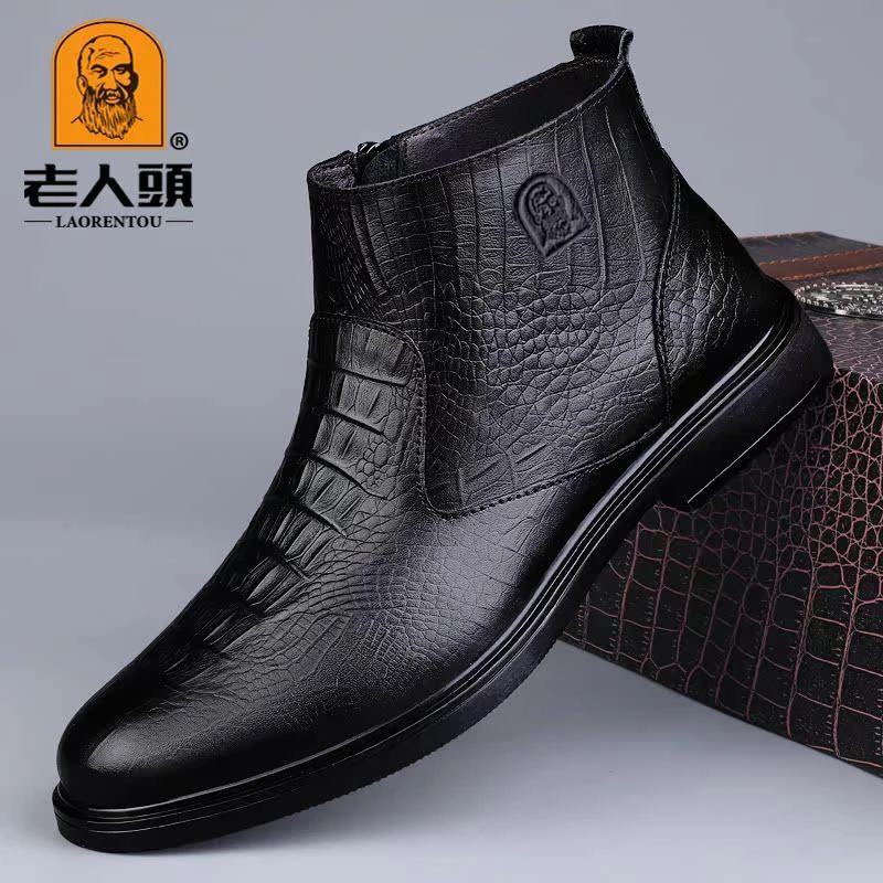 老人头秋冬季高帮皮鞋男真皮软底头层牛皮休闲鞋加绒皮靴保暖靴子