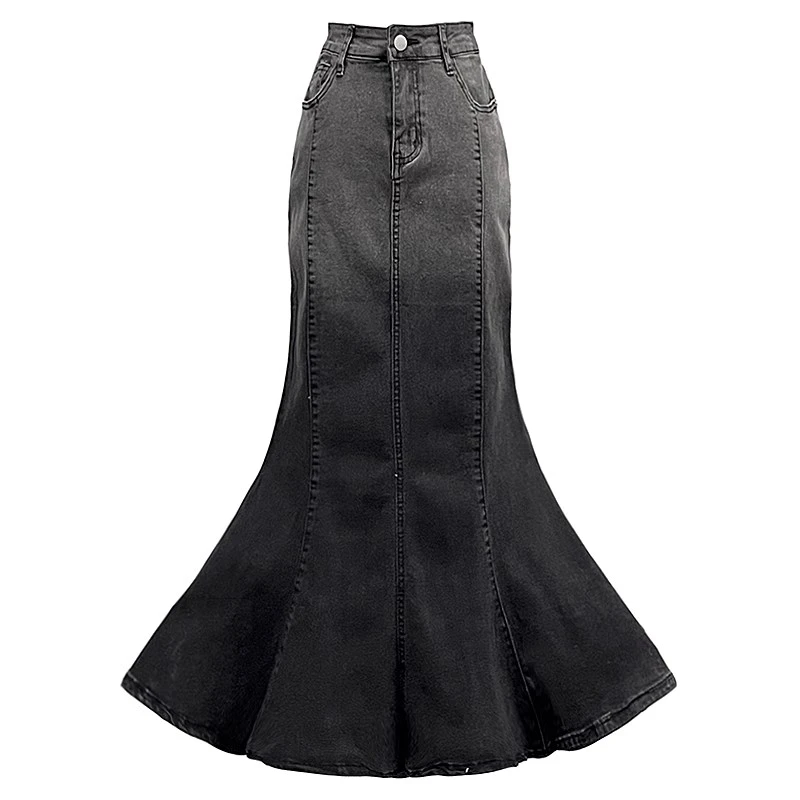 2025新款女装夏季韩版修身百搭高腰鱼尾裙水洗磨白弹力牛仔半身裙