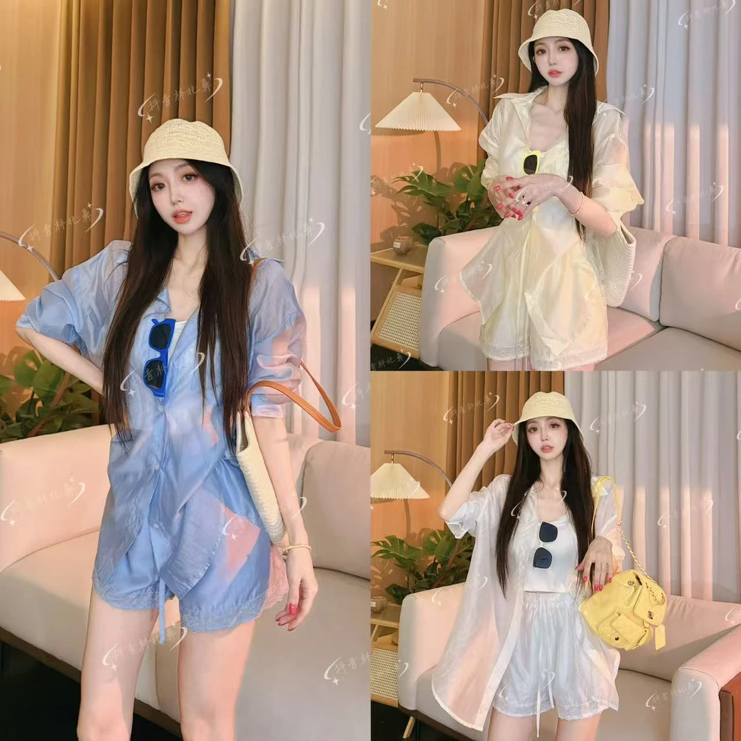 林北鼻-【阿音】韩单夏日冰丝显白蕾丝衬衫套装