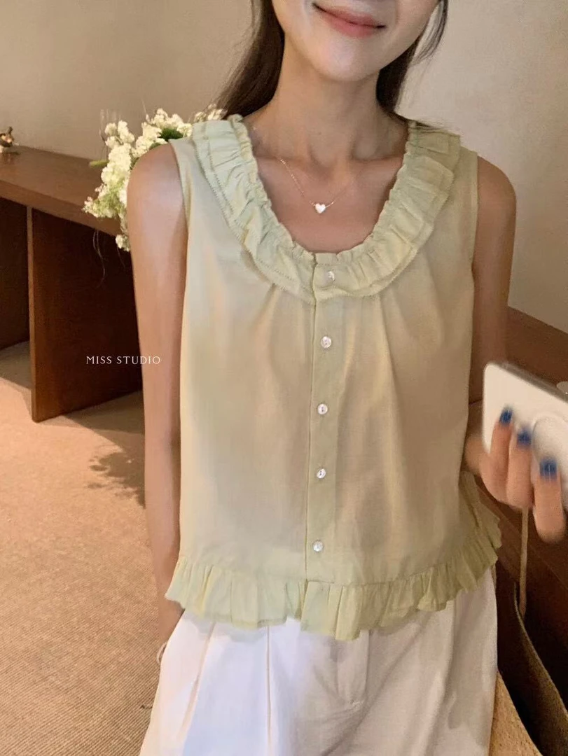 密思@630 韩系简约甜美木耳花边无袖小衫 7-1