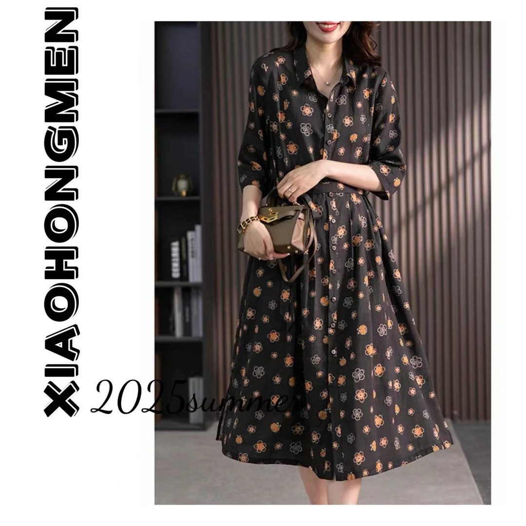 A295 2025夏季新款高腰收腰显瘦印花碎花衬衫POLO领腰带连衣裙