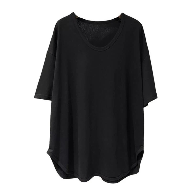 不规则U领短袖t恤女2025夏季新款设计感小众中长款半袖宽松上衣服