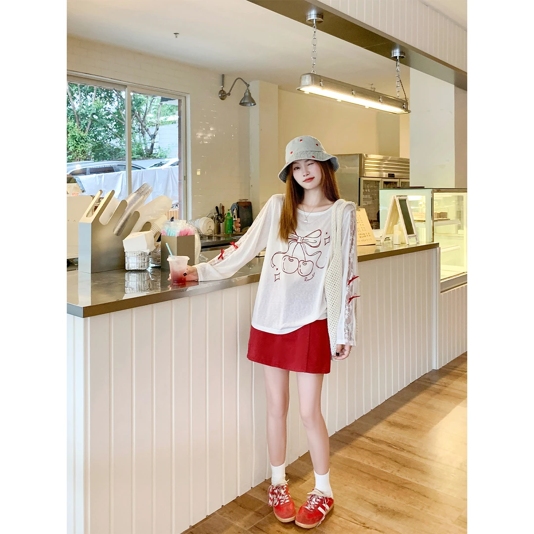 韩系穿搭白色蕾丝长袖防晒罩衫女夏宽松慵懒空调衫t恤上衣薄款