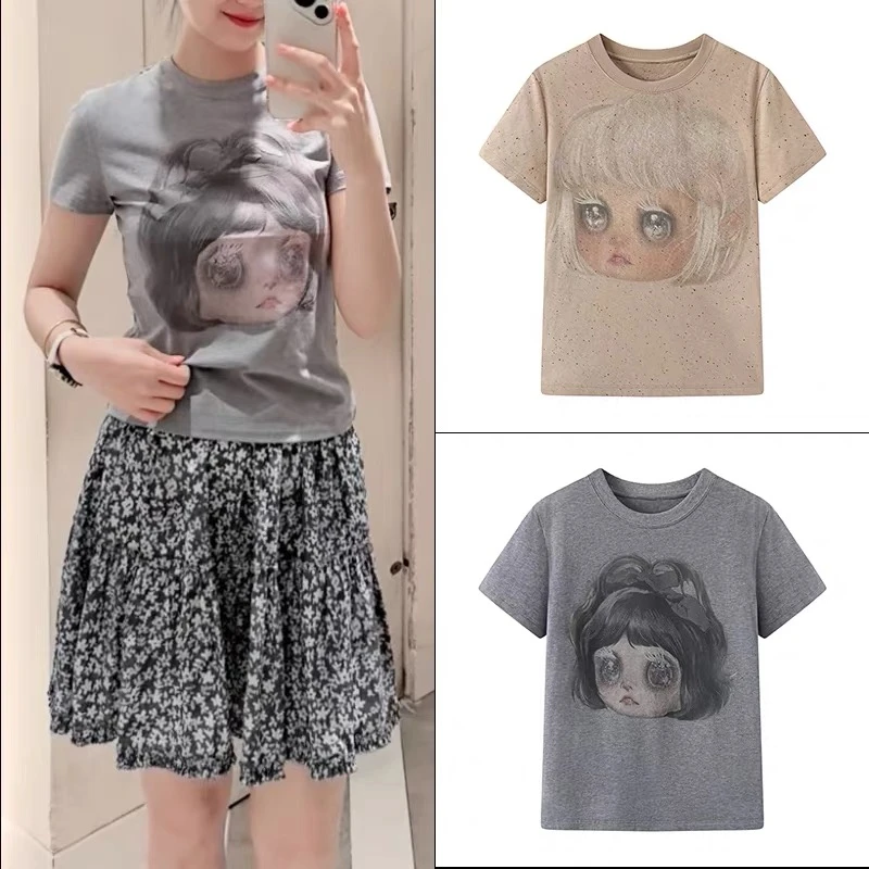 2146原单商场同款休闲时尚气质卡通印花修身圆领短袖T恤