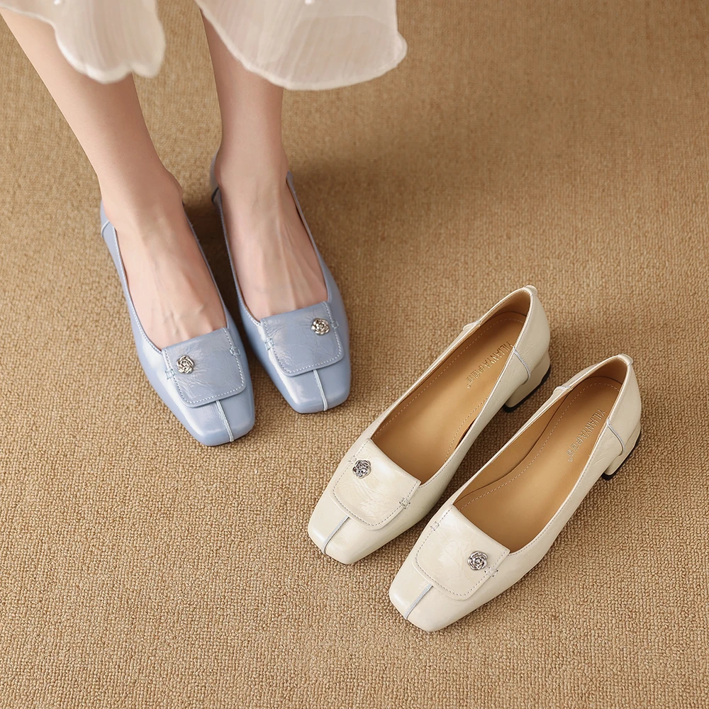 H158-106春季新款单鞋女2025粗跟中跟鞋方头真皮女鞋百搭时尚