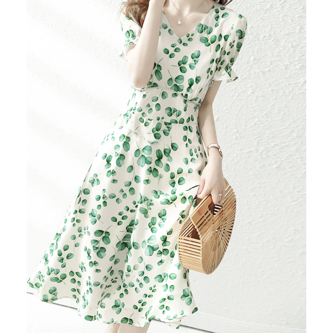 夏季女士100%桑蚕丝碎花连衣裙V领气质优雅宽松BB0284舒适透气