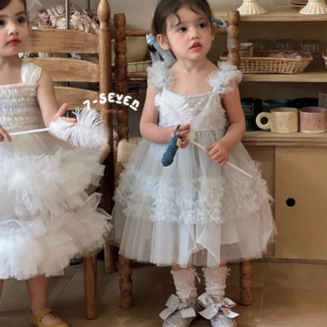 『7-seven』25夏女童浅蓝色连衣裙公主裙吊带裙蓬蓬裙梦幻连衣裙