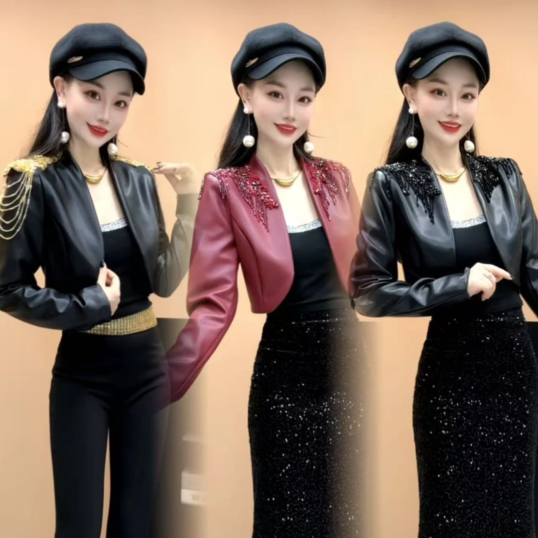 定制款重工肩钻名媛气质高级感短款皮衣外套