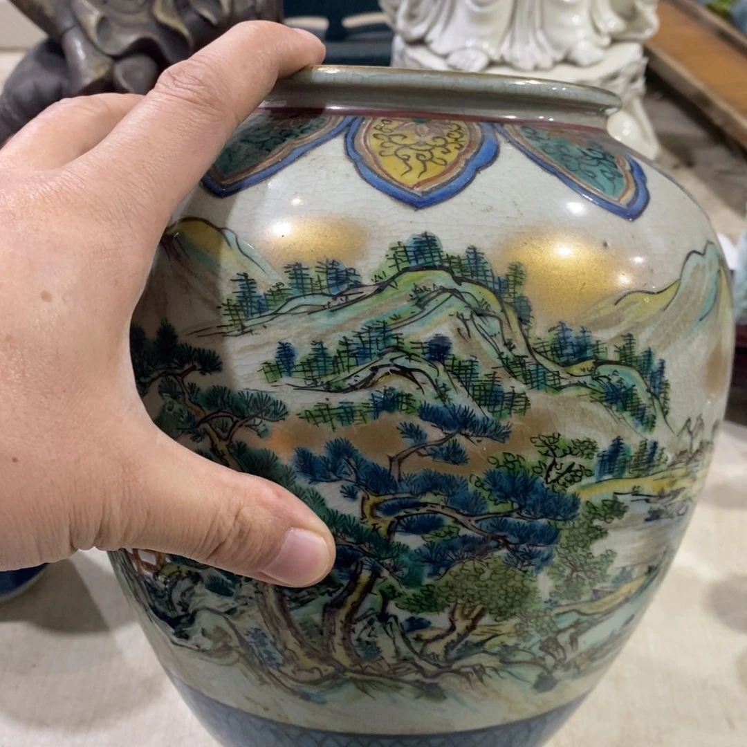 瓷片九古山水花瓶手绘