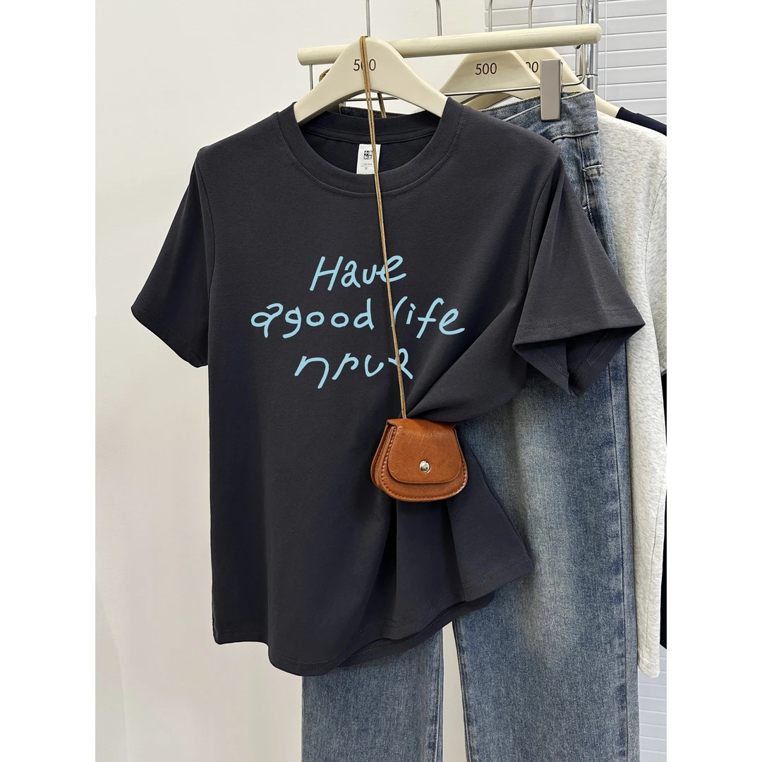 新款韩版大码女装休闲字母印花正肩短袖T恤圆领半袖体恤衫上衣潮