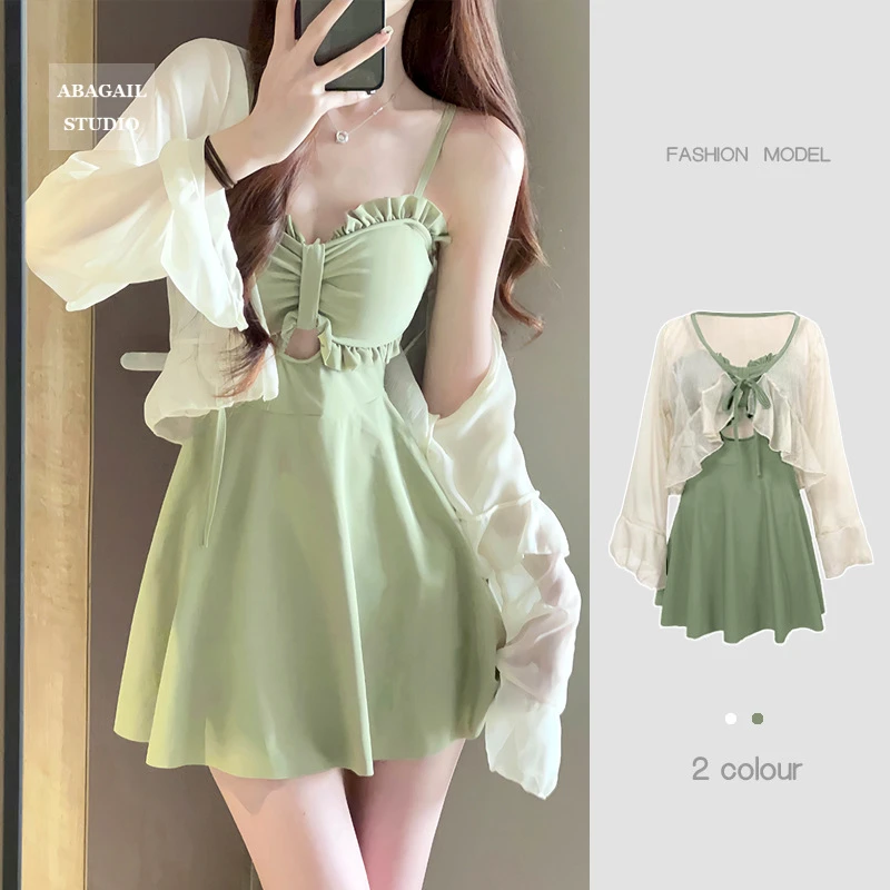 泳衣女2025新款夏连体显瘦保守裙式牛油果绿高级感性感泡温泉泳装