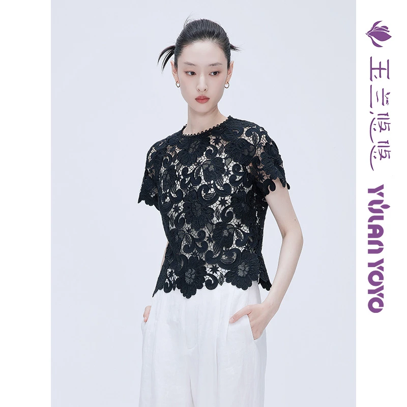 玉兰悠悠2025打底夏"黑芍药"蕾丝高定上衣法式镂空小衫圆领上衣女