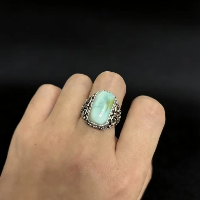 足银树脂戒指 纯手工镶嵌戒指重工高级感新蒙古银饰