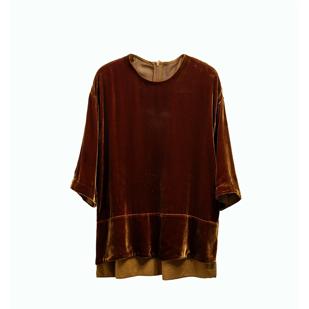 【瓶瓶爆款】国风圆领桑蚕丝丝绒复古中袖休闲上衣J20B50237