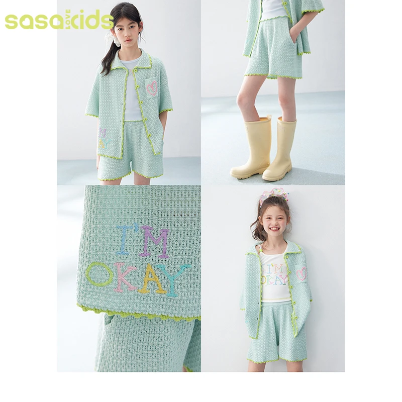 sasakids【薄荷冰淇淋套装】仿麻包芯纱马卡龙针织短袖开衫+短裤