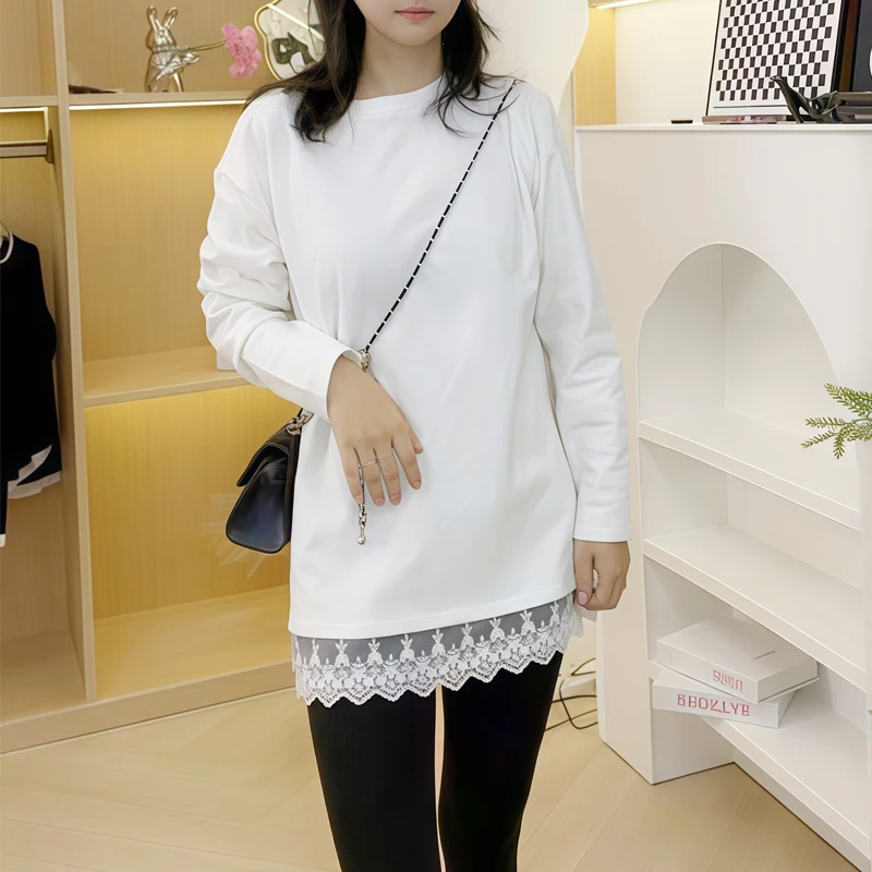 百搭长袖T恤秋装时尚中长款打底衫韩版圆领外穿蕾丝白色春秋内搭