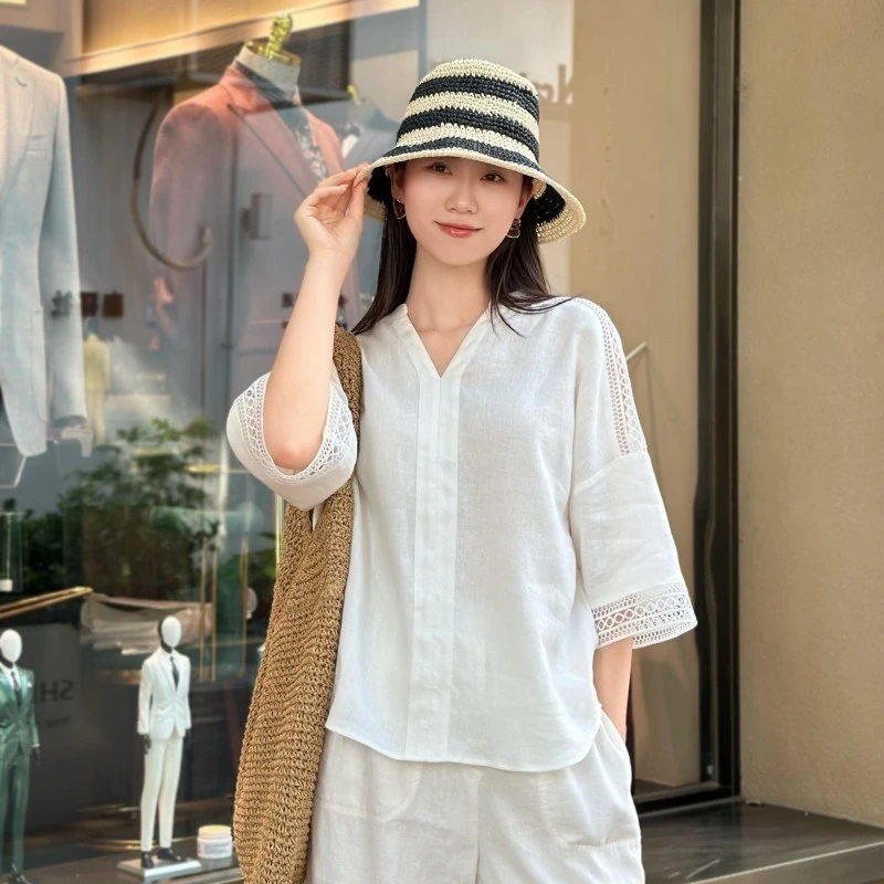 1830 - 100黄金亚麻松弛感短袖衬衫！清爽透气V领蕾丝拼接短袖