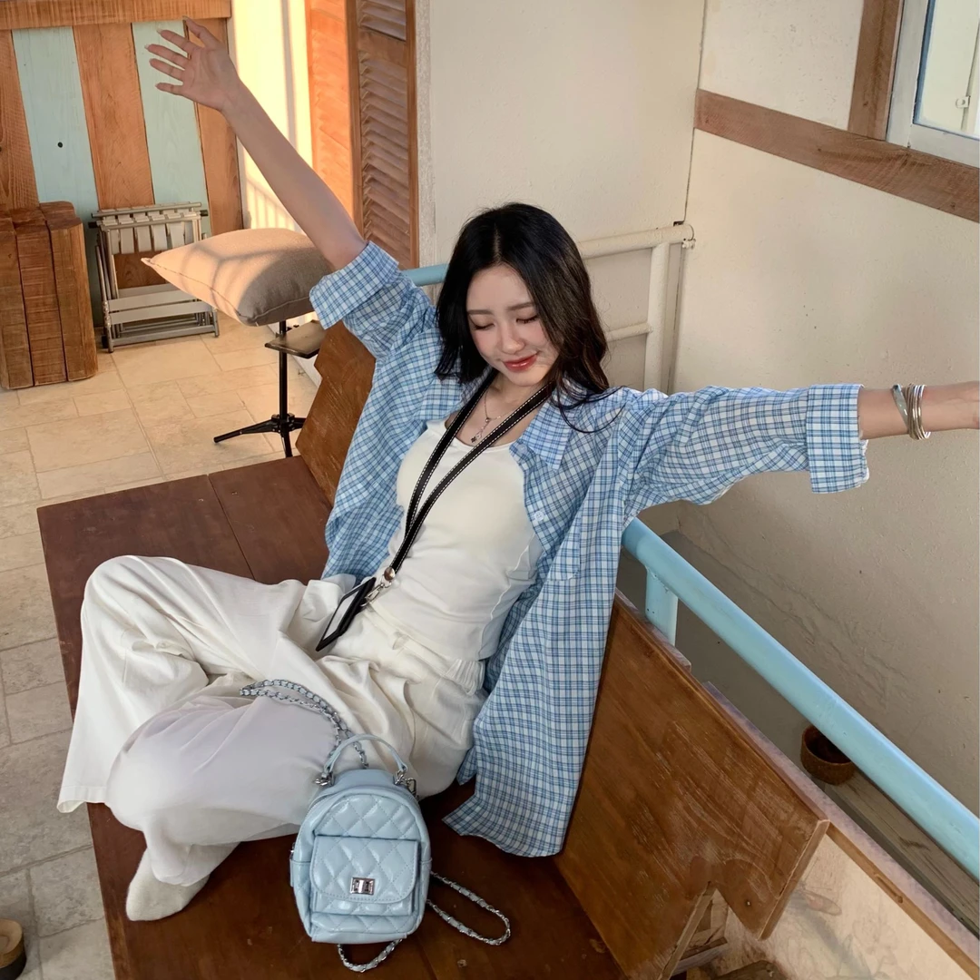 【LINZI】韩系氛围感蓝色格子衬衫外套夏季女防晒上衣50016