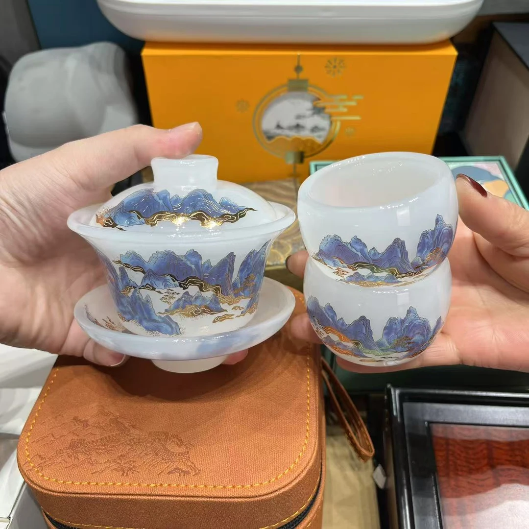 堆金千里江山琉璃一盖碗两杯 1455