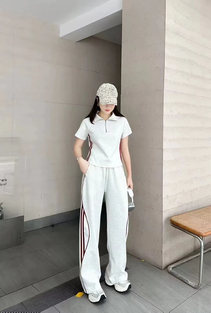 【新新专属】2025新款时尚休闲显瘦撞色上衣阔腿裤女装两件套套装