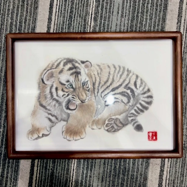 《虎崽呈祥》A4带框手绘原稿国画
