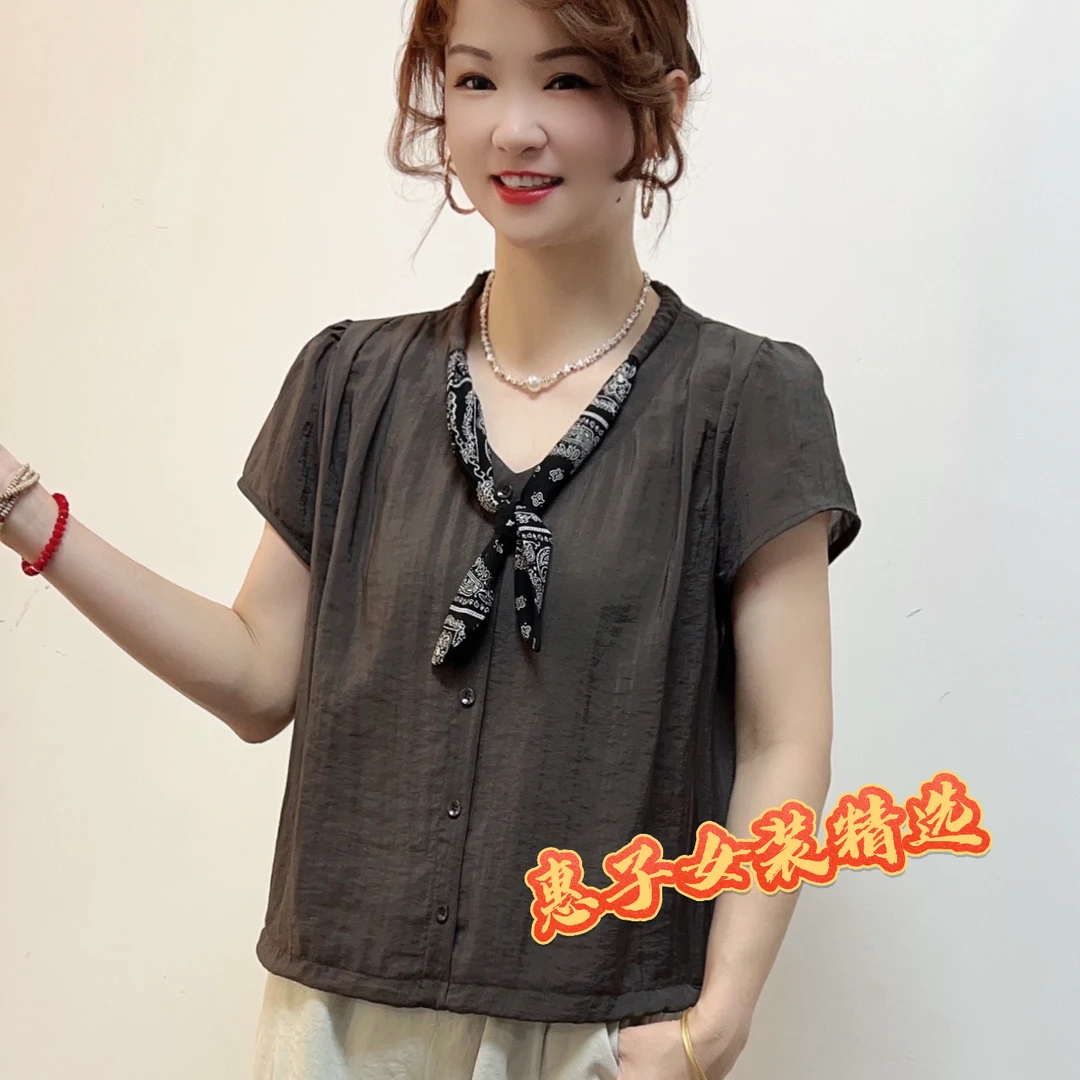 夏季韩系百搭丝巾系带单排扣衬衫时尚女洋气显瘦气质短袖V领上衣