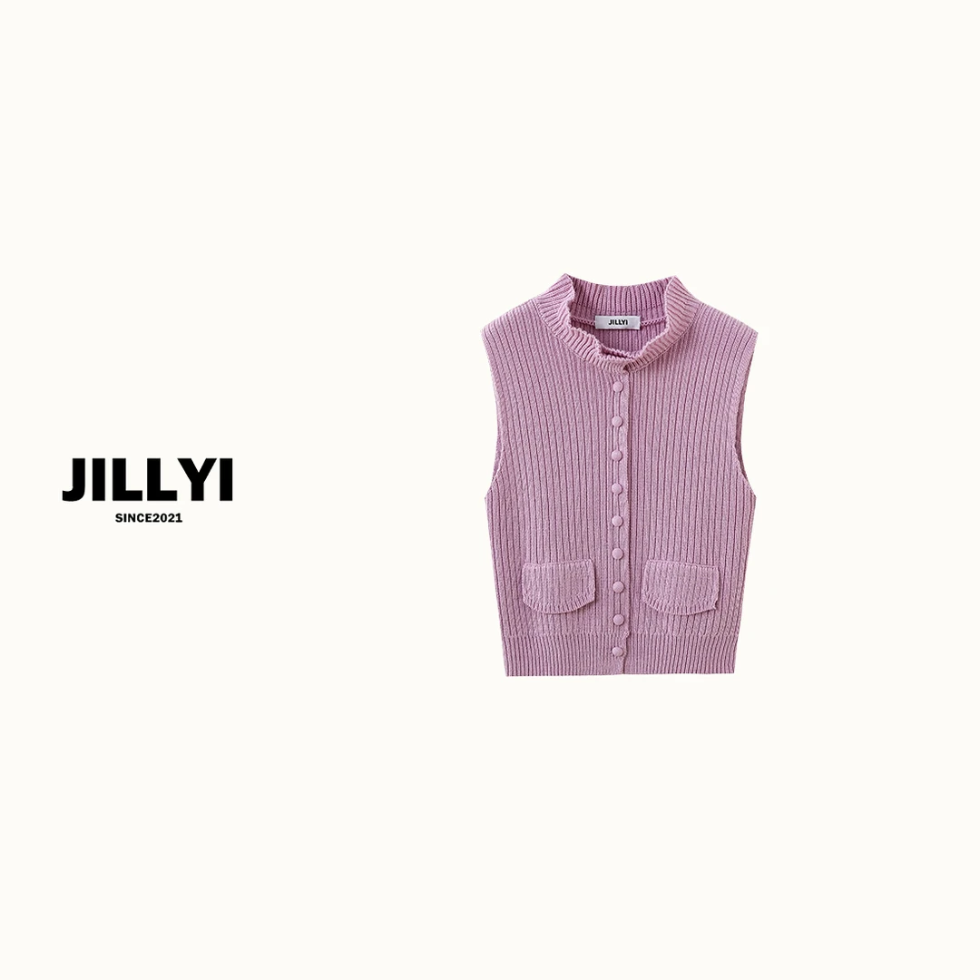JILLYI【干枯玫瑰】浅紫色半高领单排扣纯色简约百搭无袖针织马甲