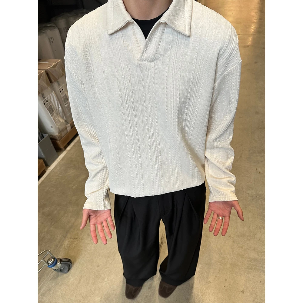 WESSK麻花条纹V领cleanfit秋季黑白休闲宽松百搭慵懒情侣长袖衬衫