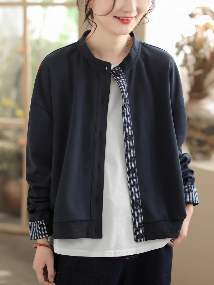 春秋季外套女纯色新款复古原创文艺简约宽松拼接圆领显瘦女装上衣