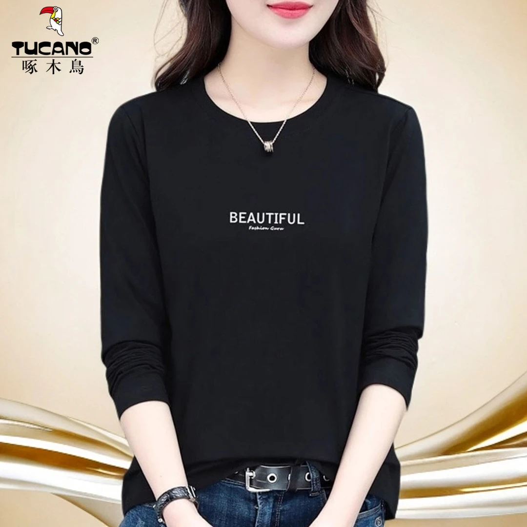 啄木鸟-纯棉长袖t恤女士2025春秋装新款卫衣百搭圆领打底上衣洋气
