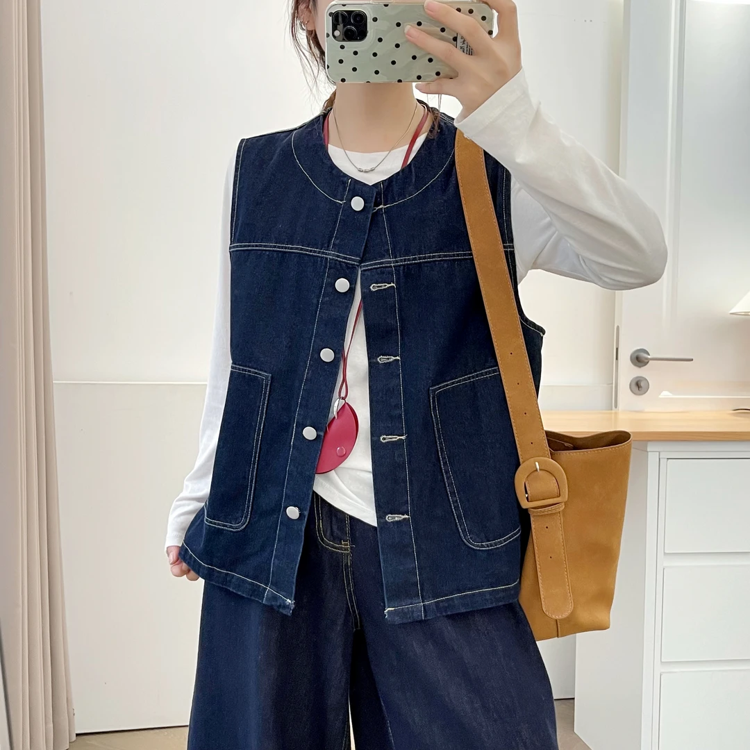大码女装胖mm复古圆领短款牛仔马甲休闲叠穿百搭无袖背心外套上衣