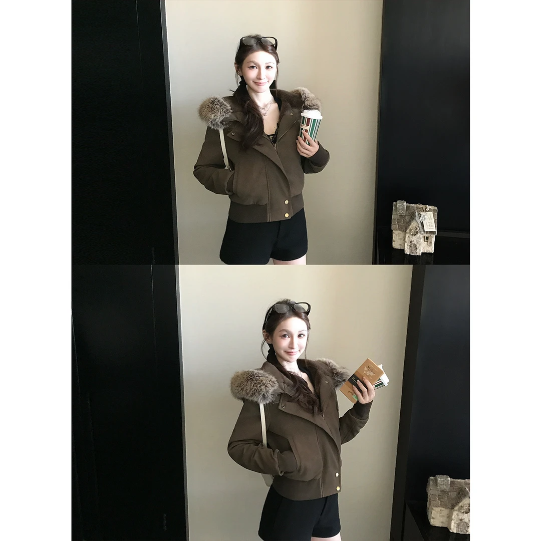 '榛子奶咖'美式复古环保定染仿兔毛毛领PU皮夹克棉服外套