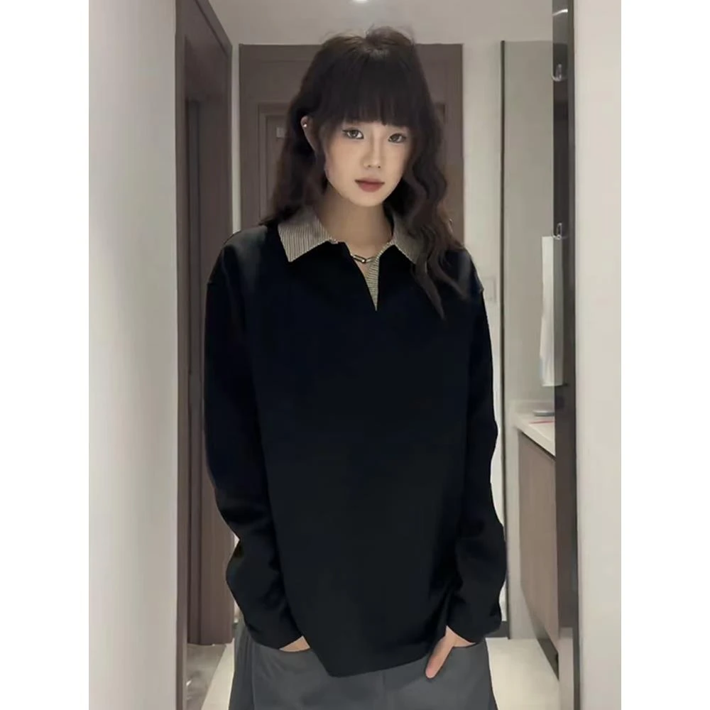 老钱风千鸟格拼接polo衫男长袖T恤内搭美式复古外套痞帅正肩卫衣