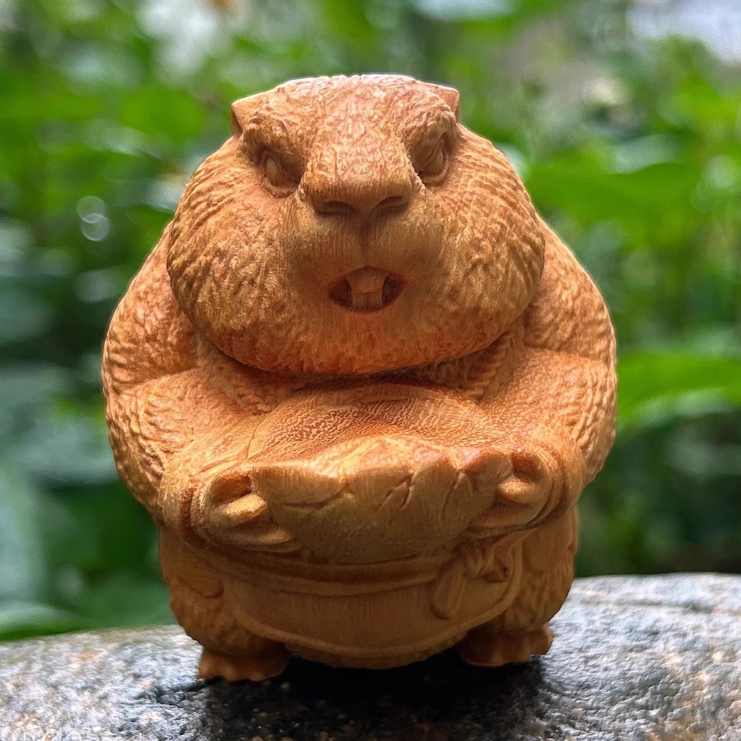 崖柏木雕哪吒贪吃鼠土拨鼠可爱实木雕刻手把件桌面摆件送礼礼品